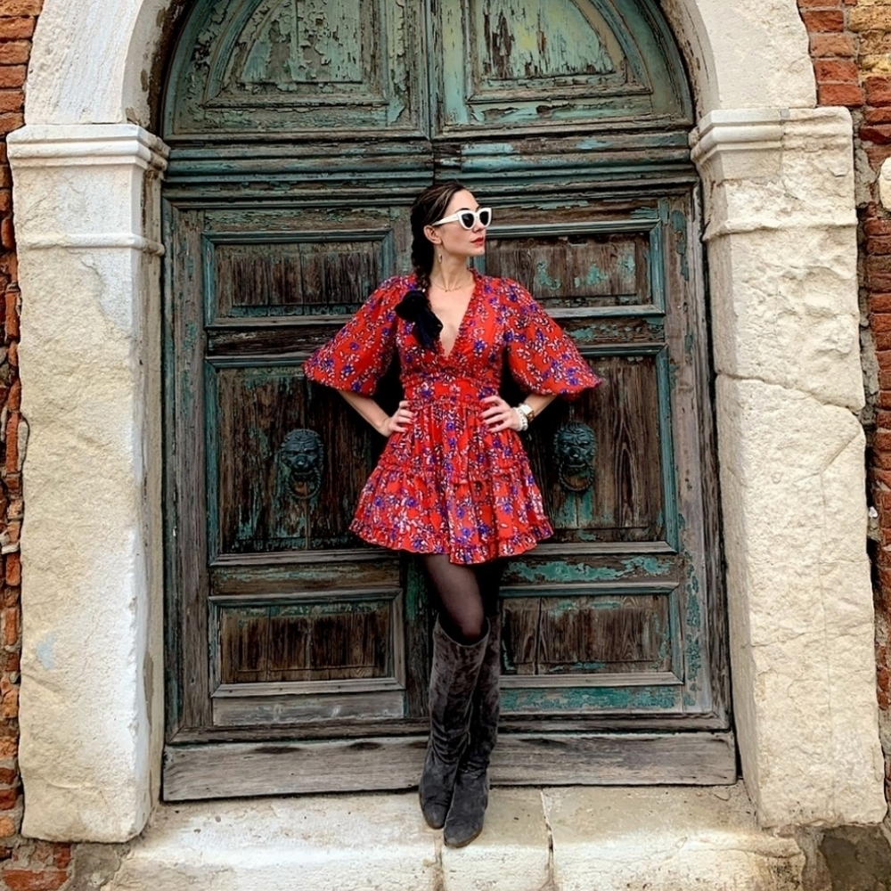 L'atiste red floral dress with open back